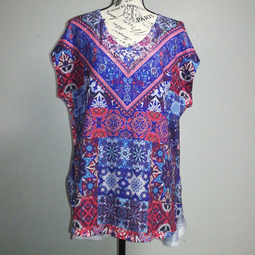 Simply Emma Print High Low Tops Size 1X Muticolor 100% Polyester